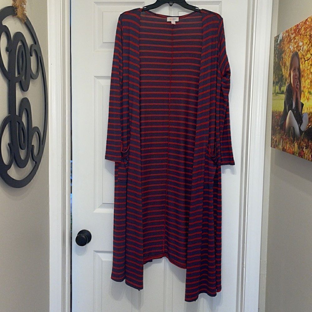 ✨LuLaRoe Red & Blue Striped Sarah Duster Open Cardigan
